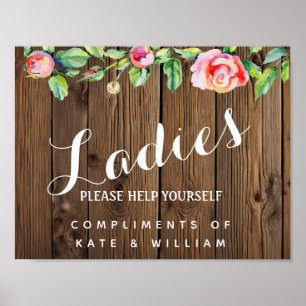 ladies restroom sign - toiletries basket greenery