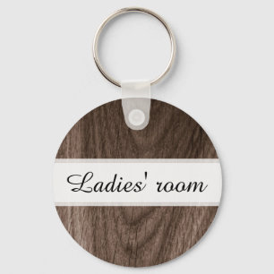 Ladies room bathroom keychain, brown wood grain key ring