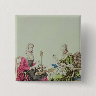 Ladies spinning and sewing, c.1765 15 cm square badge