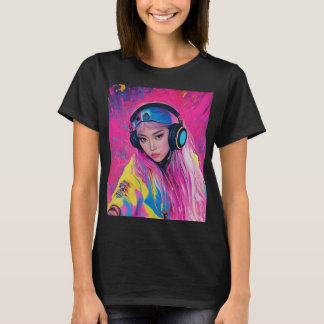 Ladies T-shirt DJ girl with pink hair
