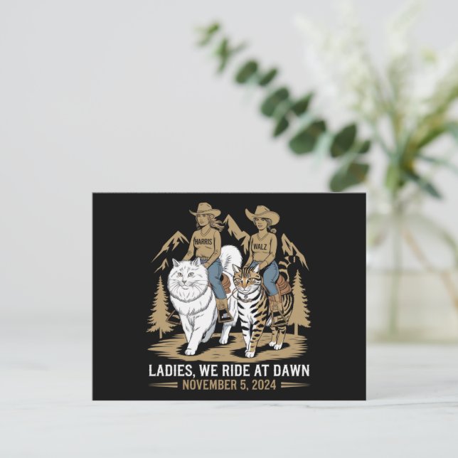 Ladies We Ride At Dawn Kamala Harris Walz Cat Lady Postcard (Standing Front)