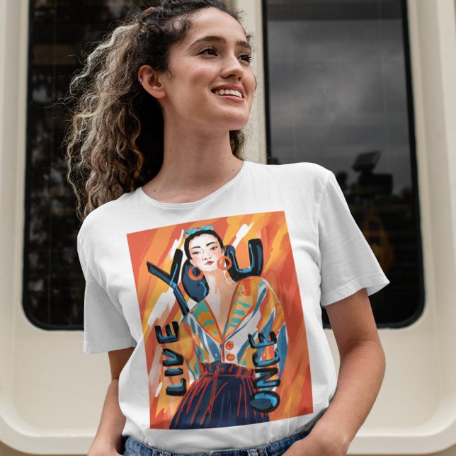 Ladies You Live Once Orange Blue Printed Graphic  T-Shirt (A trendy T-shirt with big orange graphic fashion lady that says positive message "You Live Once".)