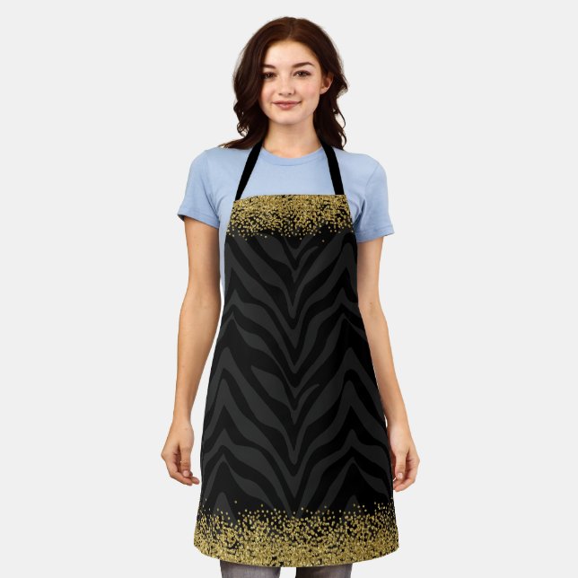 Ladies Zebra Pattern Gold Glitter-Look Confetti Apron (Worn)