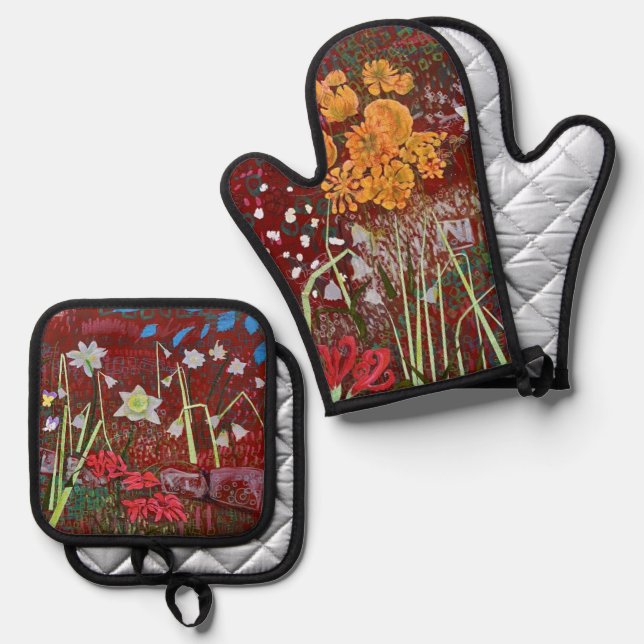 Ladrie's Garden in Red  Oven Mitt & Pot Holder Set (Front/Back)