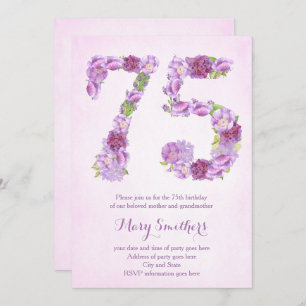 lady 75th birthday invitations, lavender invites