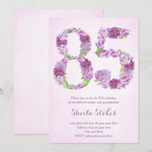 lady 85th birthday invitations, lavender invites