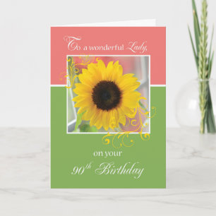 Lady 90th Birthday with Sunflower on Pink Green Card