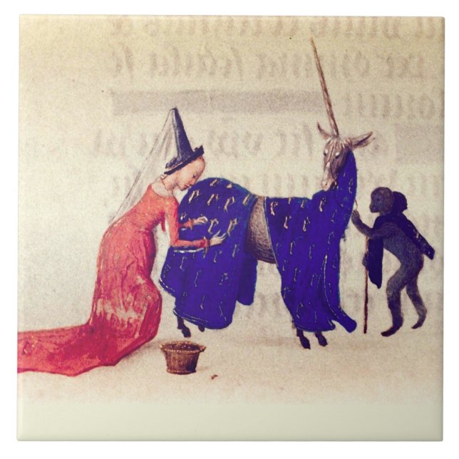 LADY ADJUSTING TRAPPINGS ON UNICORN HELD BY MONKEY CERAMIC TILE (Front)