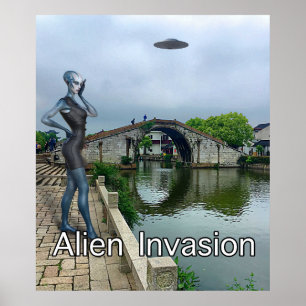 Lady alien on cell phone during the alien invasion poster