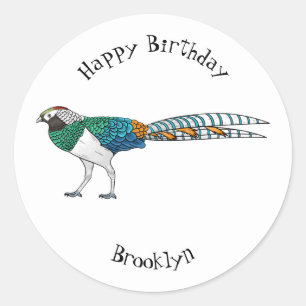 Lady amherst's pheasant bird cartoon illustration  classic round sticker