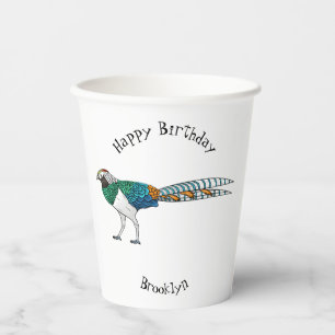 Lady amherst's pheasant bird cartoon illustration paper cups