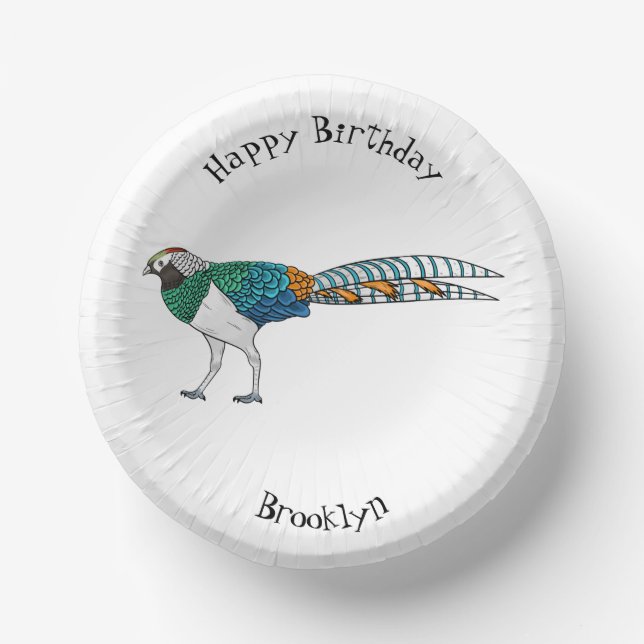 Lady amherst's pheasant bird cartoon illustration  paper plate (Front)