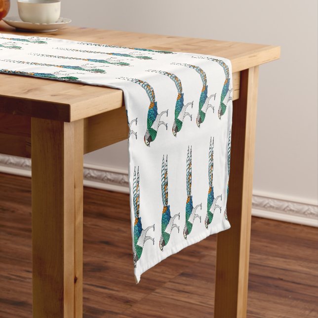 Lady amherst's pheasant bird cartoon illustration  short table runner (In Situ)