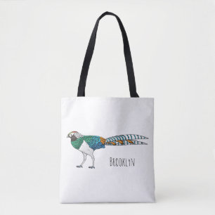 Lady amherst's pheasant bird cartoon illustration tote bag