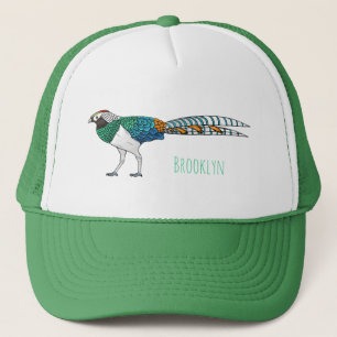 Lady amherst's pheasant bird cartoon illustration trucker hat