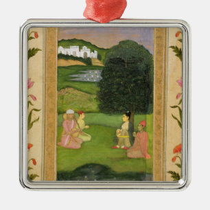Lady and attendant listening to music at sunset, f metal ornament