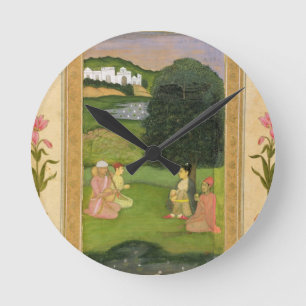 Lady and attendant listening to music at sunset, f round clock