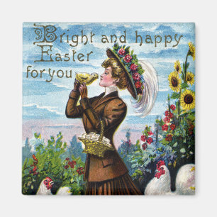 Lady and Chickens Vintage Easter Magnet