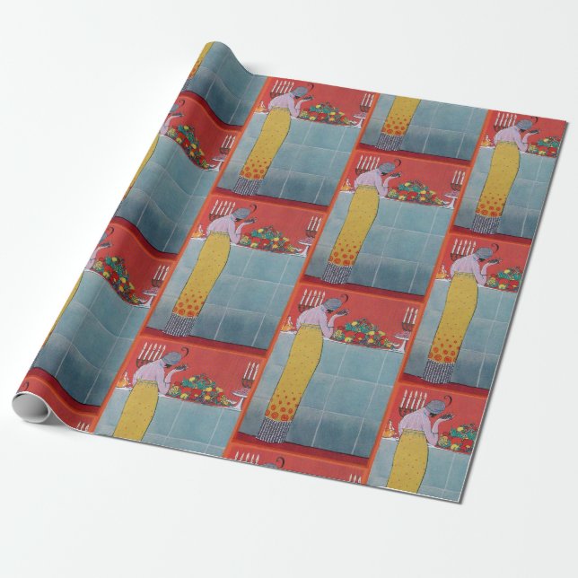 LADY AND FRUITS TABLE SET ART DECO BEAUTY FASHION WRAPPING PAPER (Unrolled)