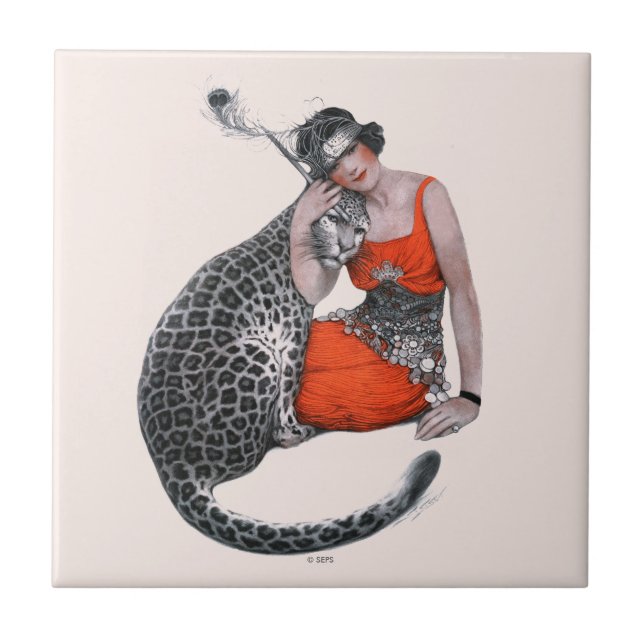 Lady and Leopard Ceramic Tile (Front)