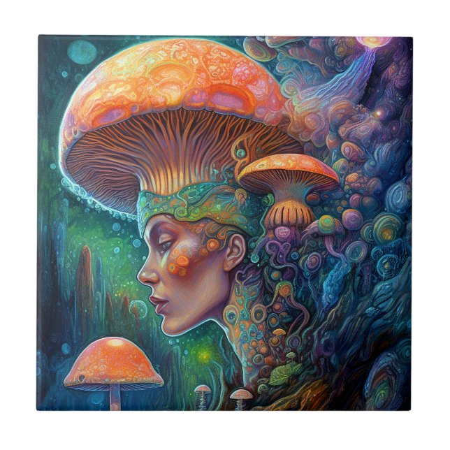 Lady And Mushrooms Surreal Fantasy Art Ceramic Tile (Front)