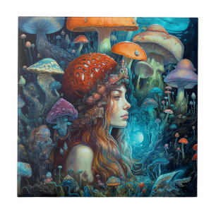 Lady And Mushrooms Surreal Fantasy Art Ceramic Tile