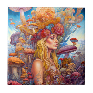 Lady And Mushrooms Surreal Fantasy Art Ceramic Tile