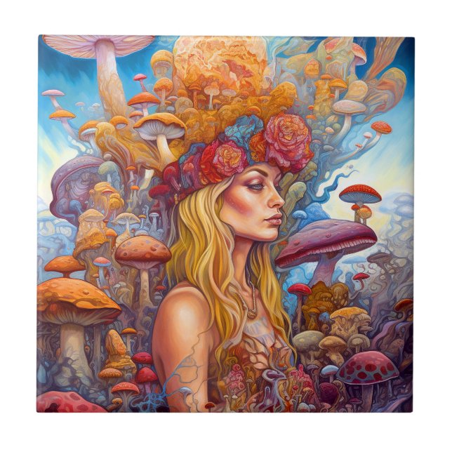 Lady And Mushrooms Surreal Fantasy Art Ceramic Tile (Front)