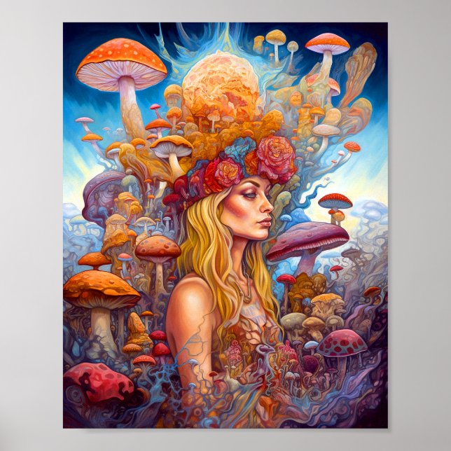 Lady And Mushrooms Surreal Fantasy Art Poster (Front)