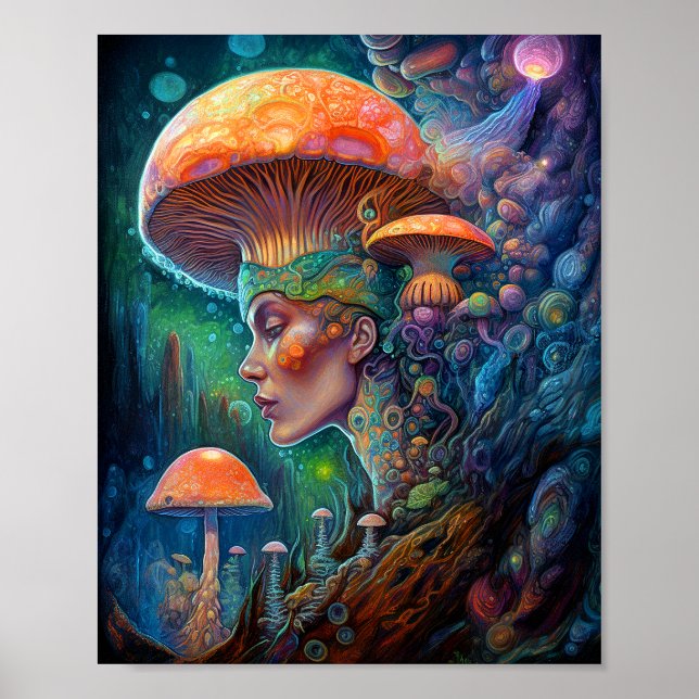 Lady And Mushrooms Surreal Fantasy Art Poster (Front)