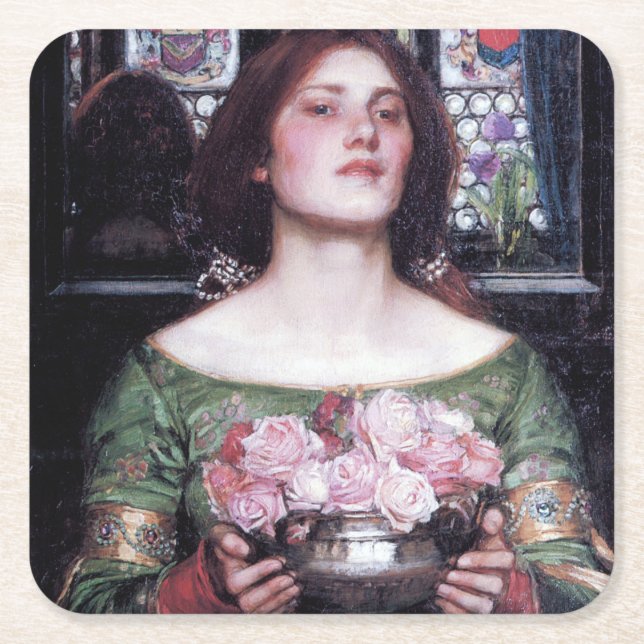 Lady and Roses, John William Waterhouse Square Paper Coaster (Front)