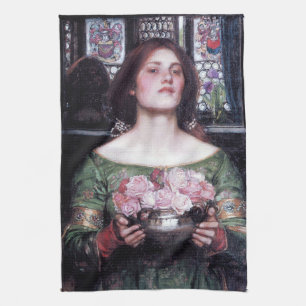 Lady and Roses, John William Waterhouse Tea Towel