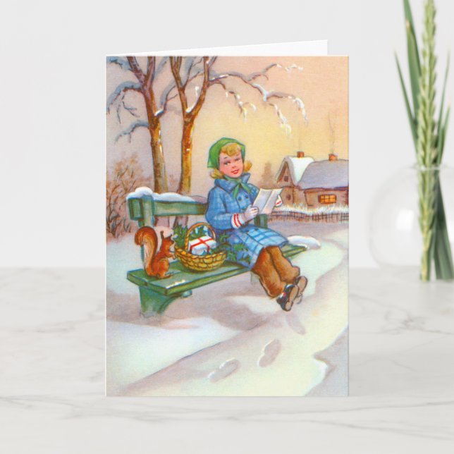 Lady and squirrel holiday card (Front)
