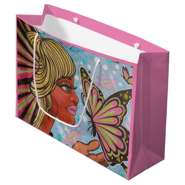 Lady and the Butterfly Pink Graffiti Large Gift Bag (Front Angled)