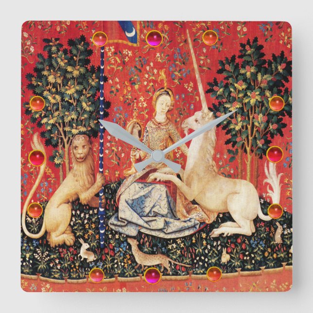 LADY AND UNICORN Fantasy Flowers,Animals,Gemstones Square Wall Clock (Front)