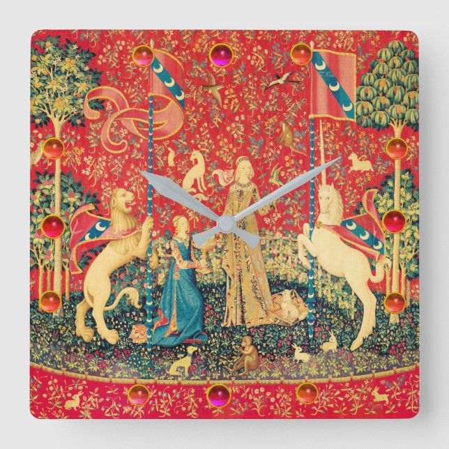 LADY AND UNICORN Fantasy Flowers,Animals,Gemstones Square Wall Clock (Front)