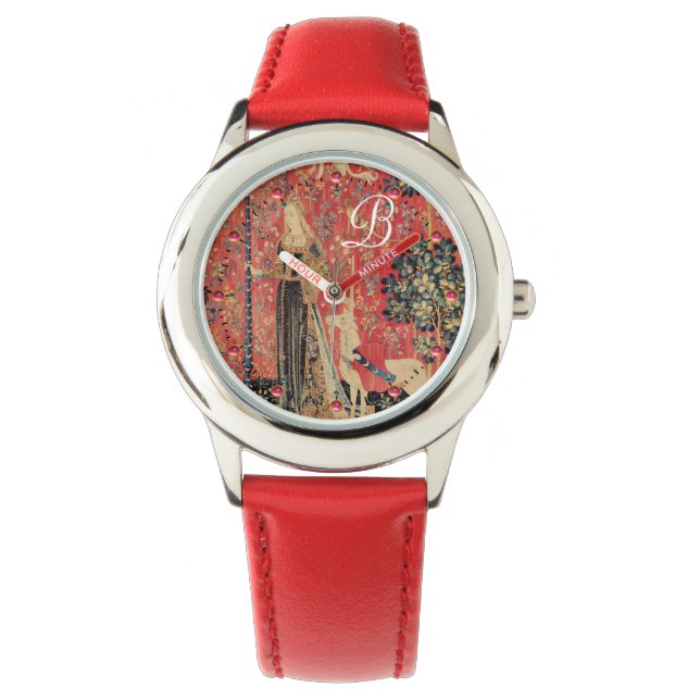 LADY AND UNICORN Fantasy Flowers,Animals Monogram Watch (Front)