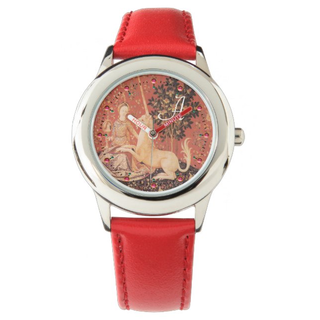 LADY AND UNICORN Fantasy Flowers,Animals Monogram Watch (Front)