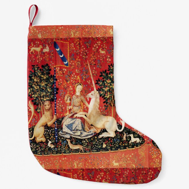 LADY AND UNICORN Fantasy Flowers,Animals Small Christmas Stocking (Front)