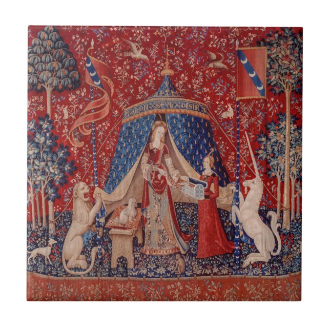 Lady and Unicorn Mediaeval Tapestry Desire Ceramic Tile (Front)