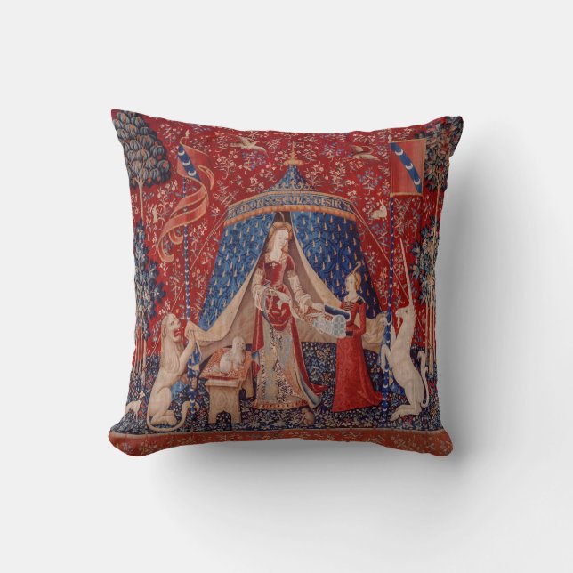 Lady and Unicorn Mediaeval Tapestry Desire Cushion (Front)