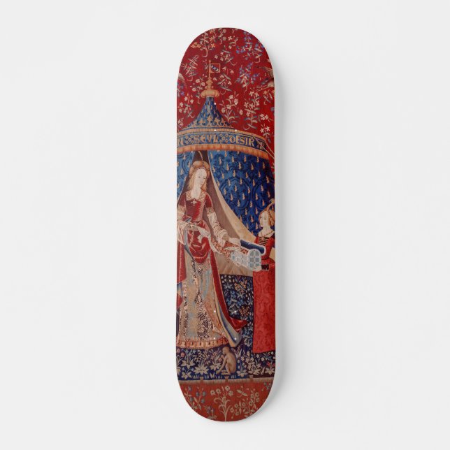 Lady and Unicorn Mediaeval Tapestry Desire Skateboard (Front)