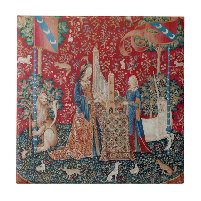 Lady and Unicorn Mediaeval Tapestry Hearing Ceramic Tile (Front)