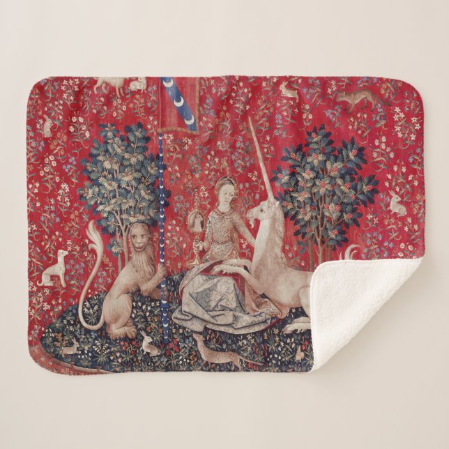Lady and Unicorn Mediaeval Tapestry Sight Sherpa Blanket (Front (Horizontal))