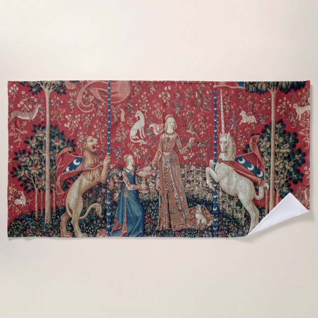 Lady and Unicorn Mediaeval Tapestry Taste Beach Towel (Front)