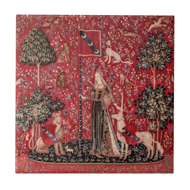 Lady and Unicorn Mediaeval Tapestry Touch Ceramic Tile (Front)