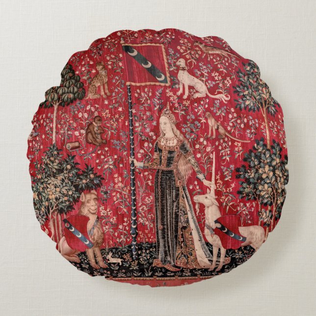Lady and Unicorn Mediaeval Tapestry Touch Round Cushion (Front)