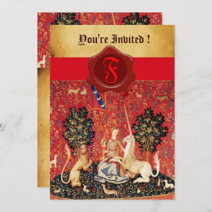 LADY AND UNICORN MONOGRAM RED WAX SEAL PARCHMENT INVITATION