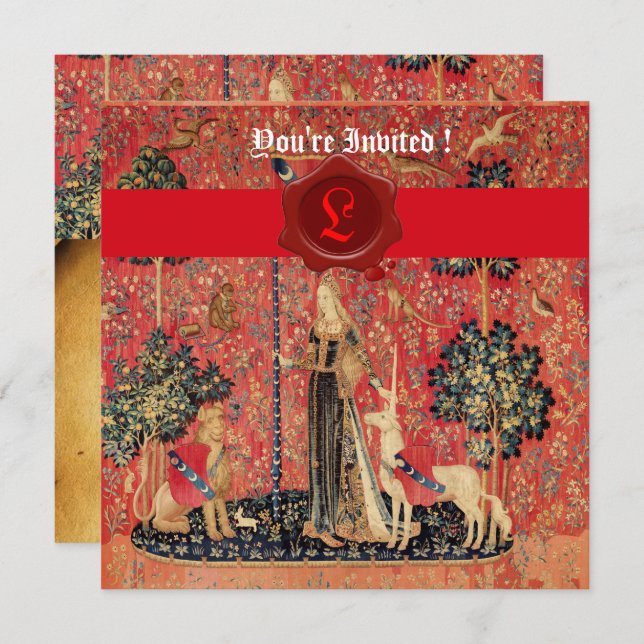 LADY AND UNICORN MONOGRAM RED WAX SEAL PARCHMENT INVITATION (Front/Back)