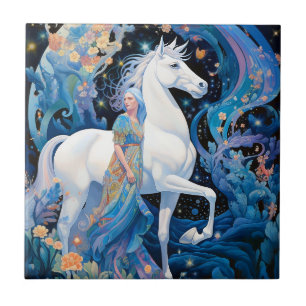 Lady and White Horse Fantasy Art Ceramic Tile